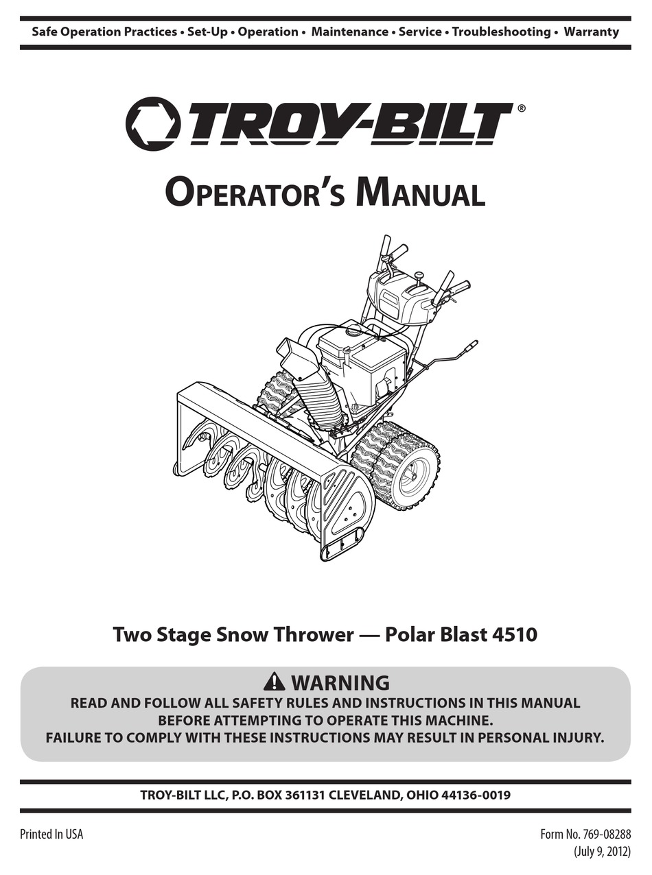 TROYBILT POLAR BLAST 4510 SNOW THROWER OPERATOR'S MANUAL Pdf Download
