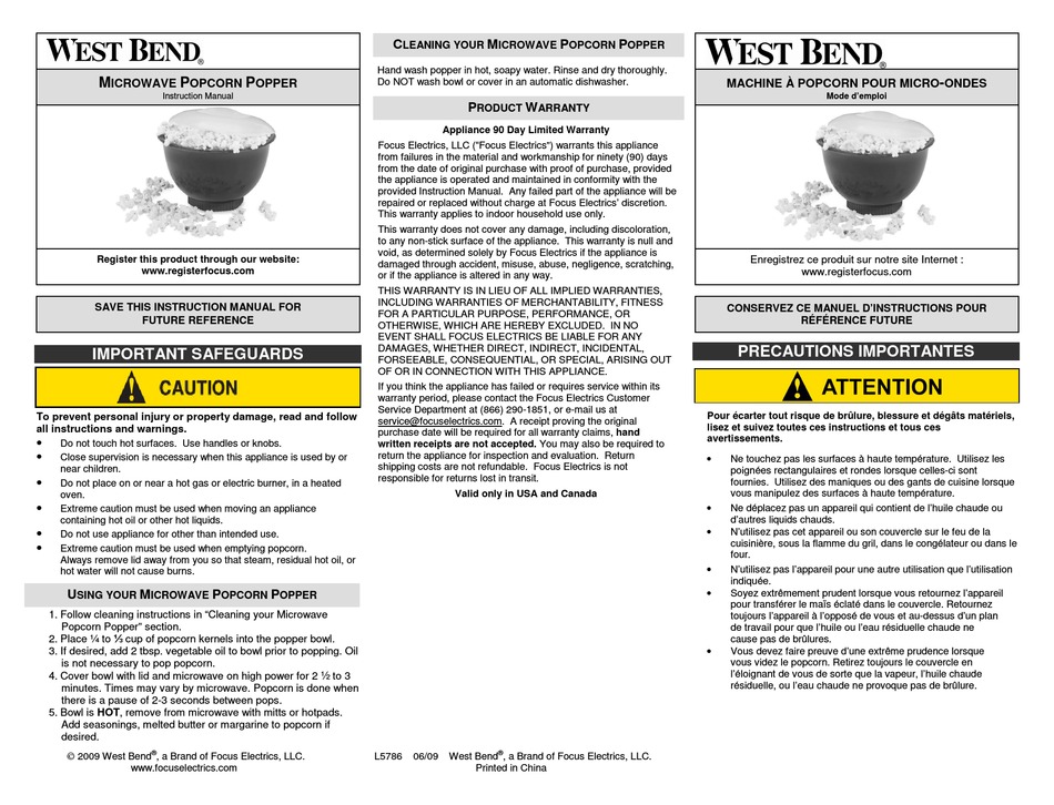 WEST BEND MICROWAVE POPCORN POPPER INSTRUCTION MANUAL Pdf Download
