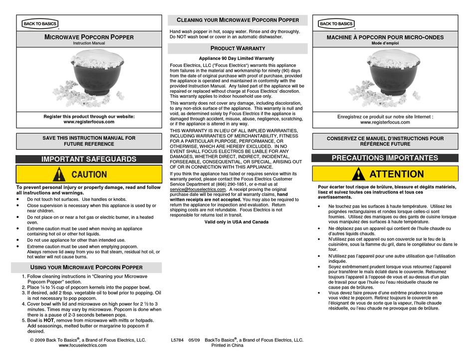 BACK TO BASICS MICROWAVE POPCORN POPPER INSTRUCTION MANUAL Pdf Download