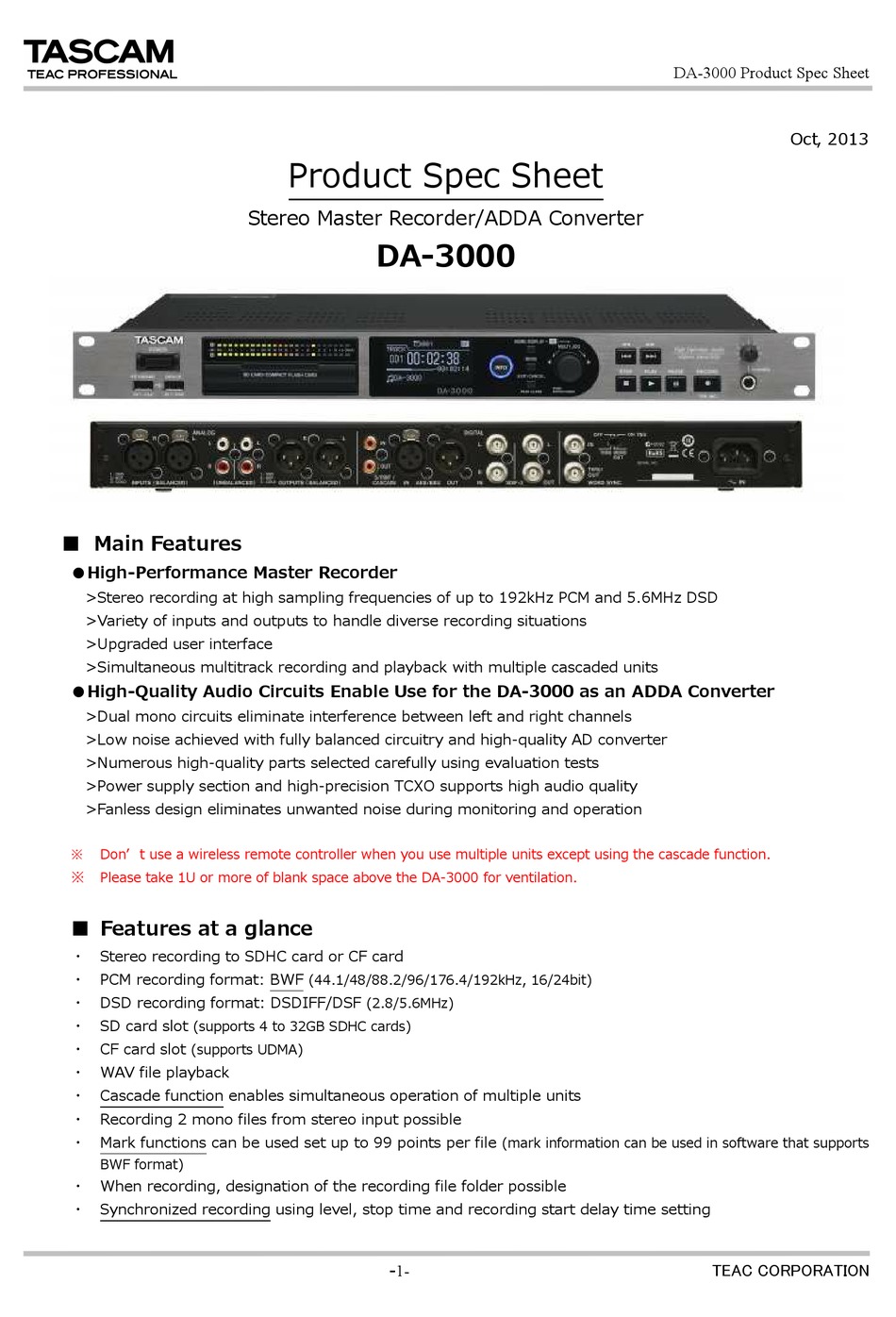 TASCAM DA3000 SPEC SHEET Pdf Download ManualsLib