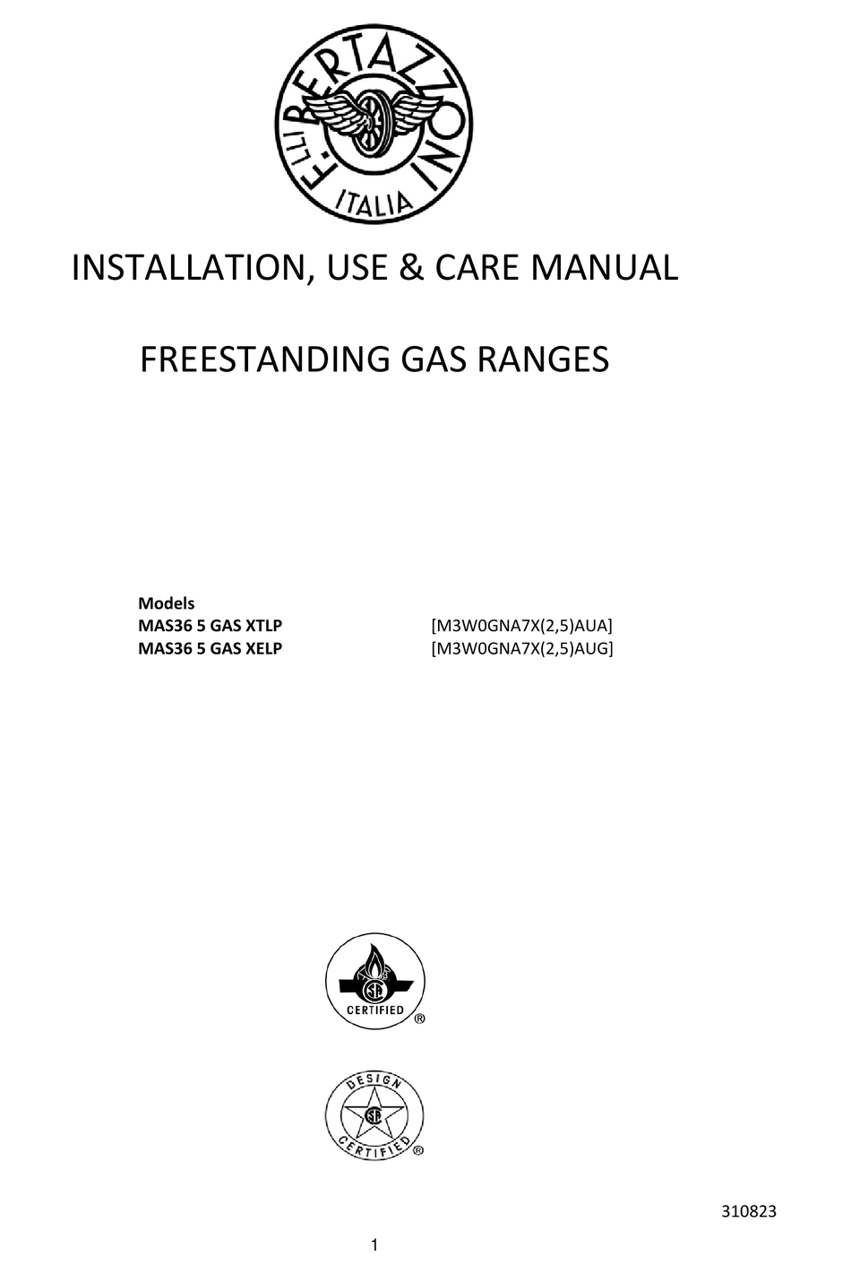 BERTAZZONI MAS36 5 GAS XELP INSTALLATION, USE & CARE MANUAL Pdf