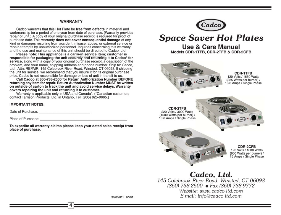 CADCO CDR1TFB USE & CARE MANUAL Pdf Download ManualsLib