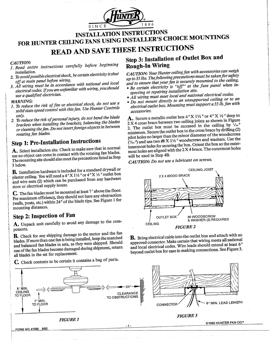 HUNTER CEILING FANS INSTALLATION INSTRUCTIONS MANUAL Pdf Download