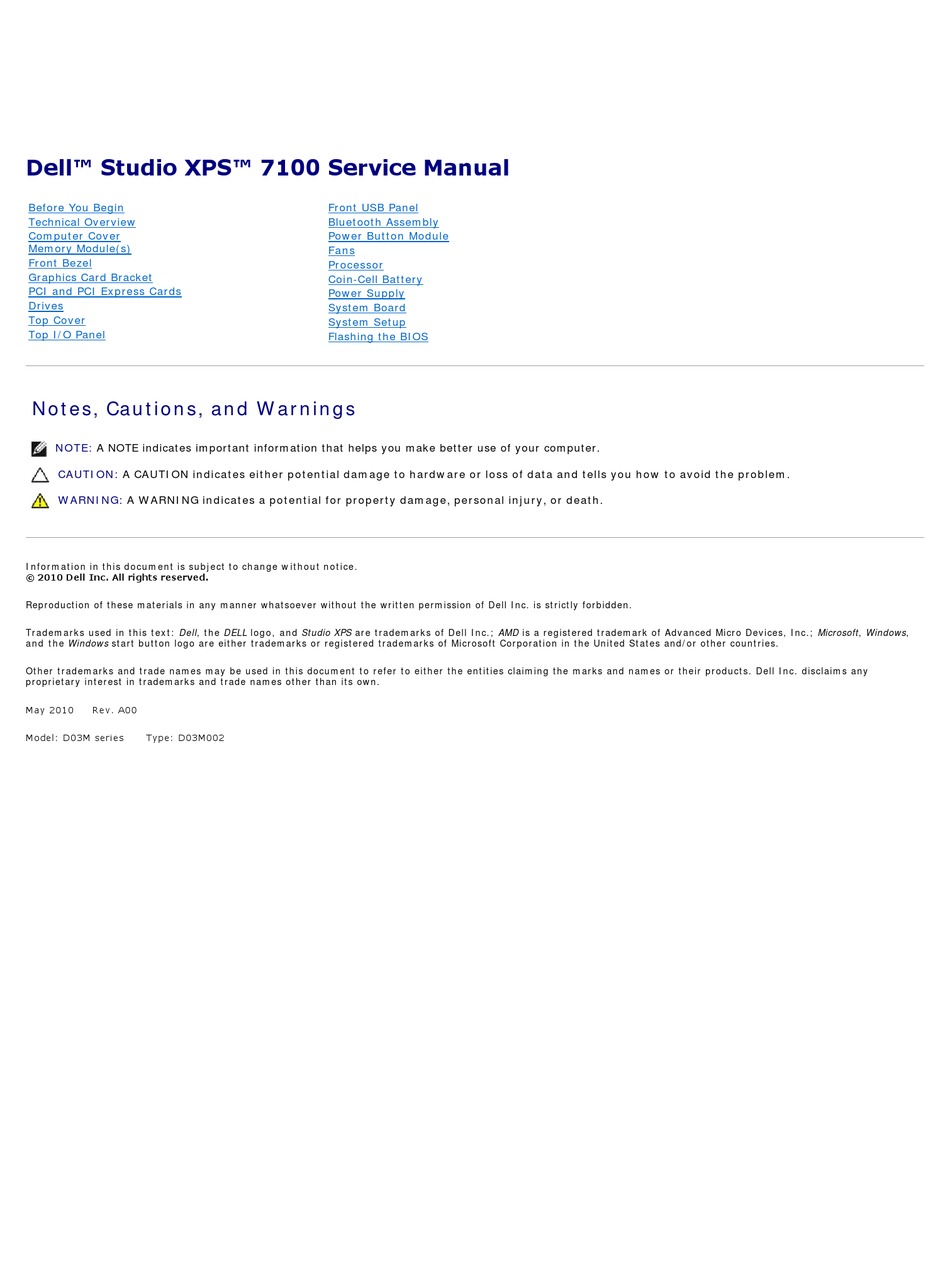Dell Studio Xps 7100 Service Manual Pdf Download Manualslib