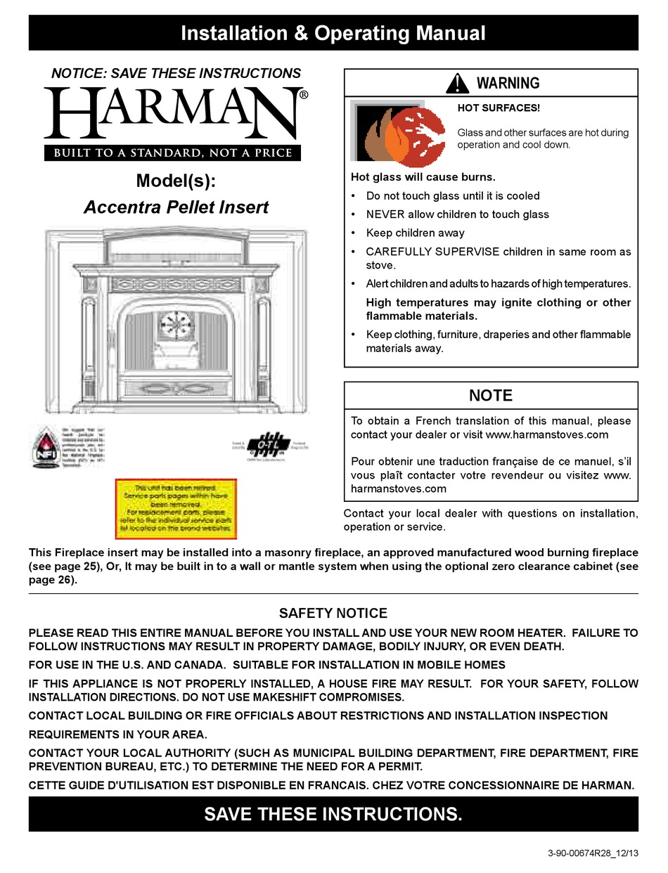 HARMAN ACCENTRA PELLET INSERT INSTALLATION u0026 OPERATING MANUAL Pdf Download  | ManualsLib