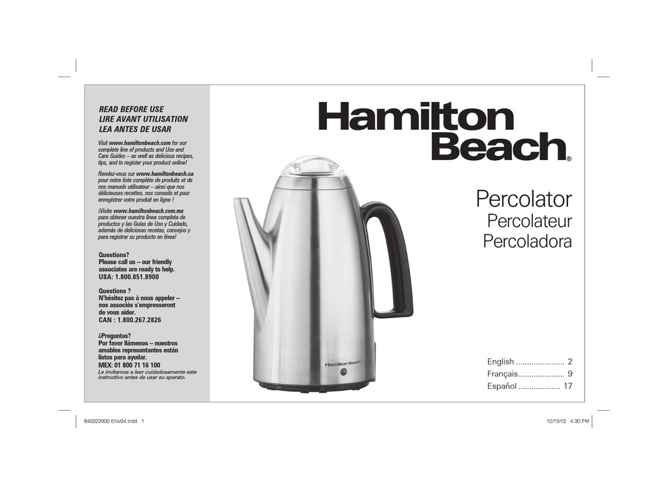 Hamilton Beach Percolator User Manual 