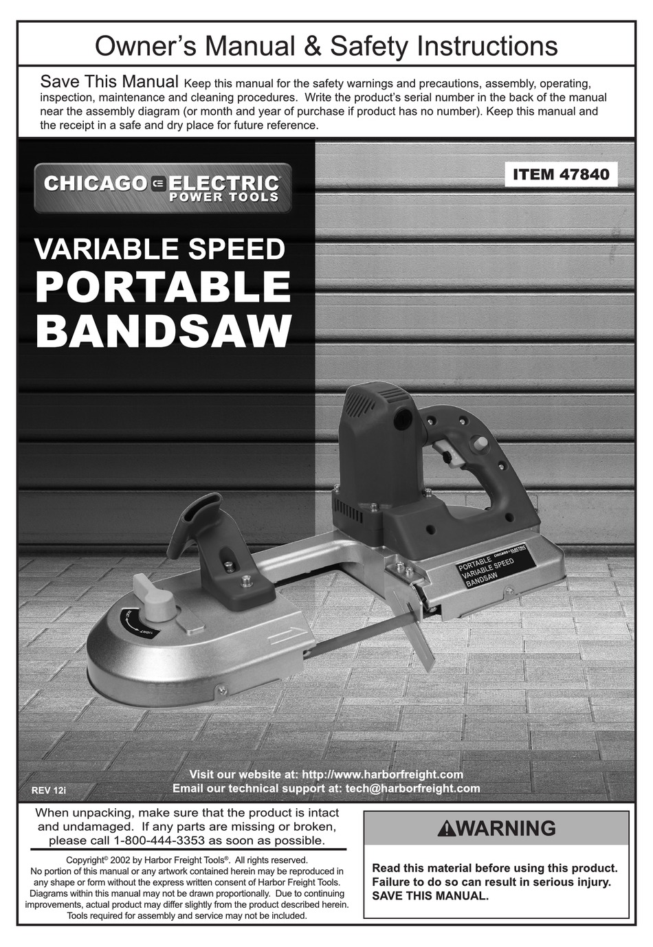CHICAGO ELECTRIC 47840 OWNER'S MANUAL & SAFETY INSTRUCTIONS Pdf