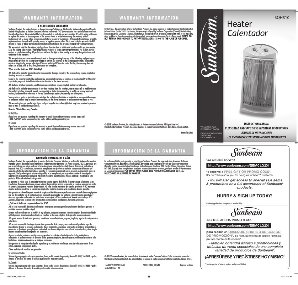 SUNBEAM SQH310 INSTRUCTION MANUAL Pdf Download ManualsLib