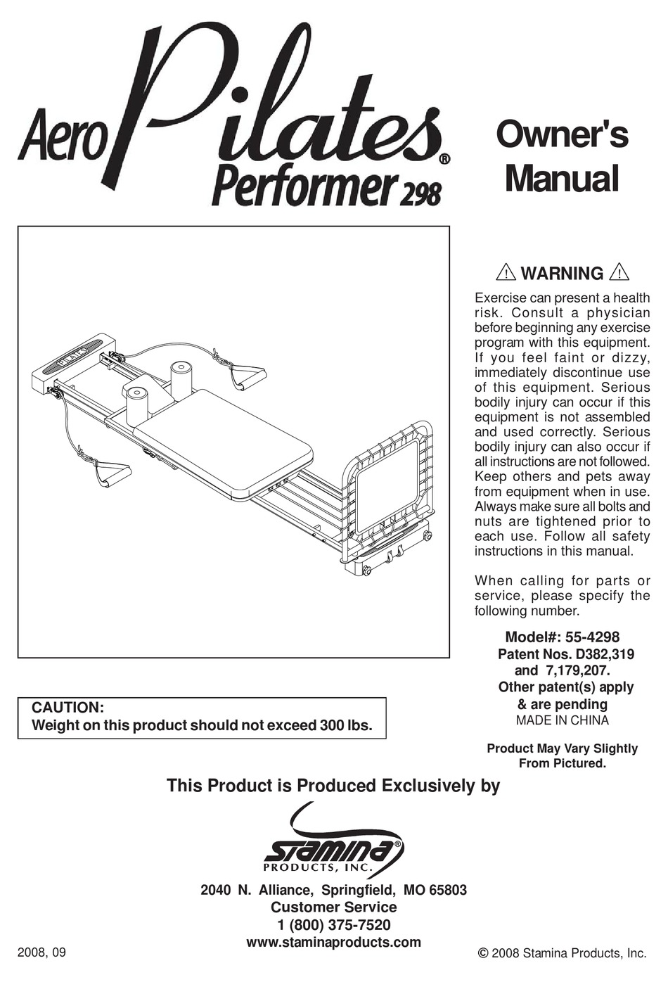 Stamina PRODUCTS AeroPilates Premier 695 Studio Fitness Machine Owner's  Manual