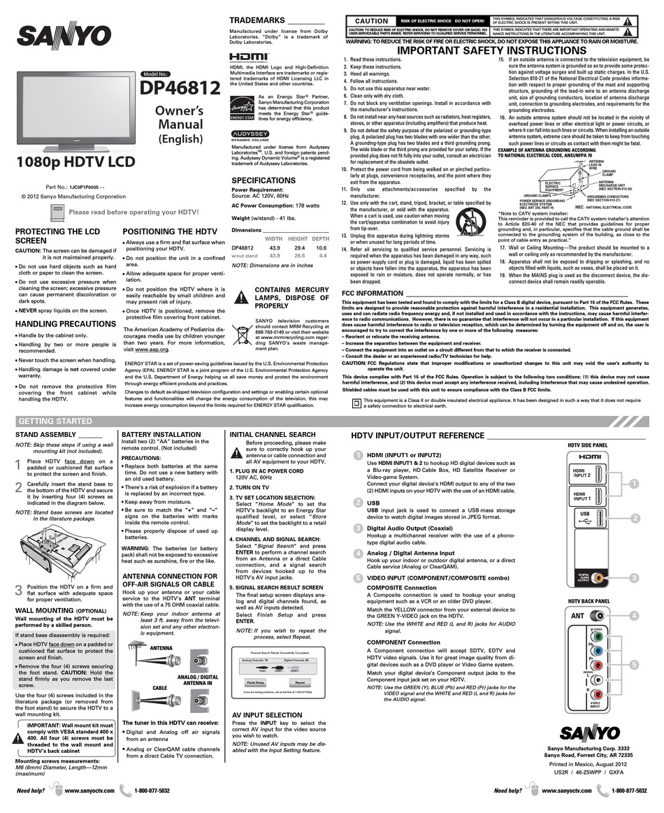 SANYO DP46812 OWNER'S MANUAL Pdf Download | ManualsLib