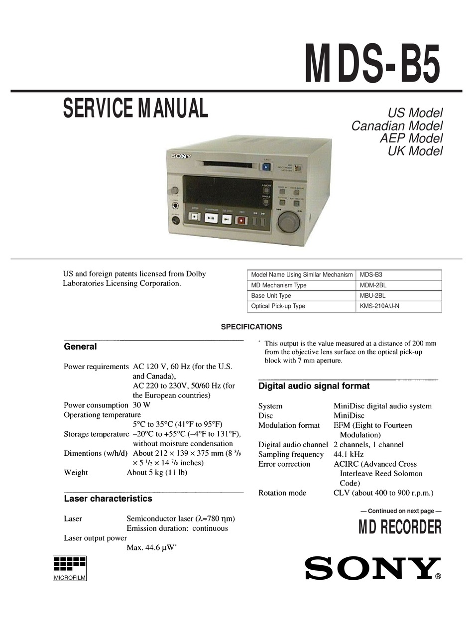 SONY MDS-B5 SERVICE MANUAL Pdf Download | ManualsLib