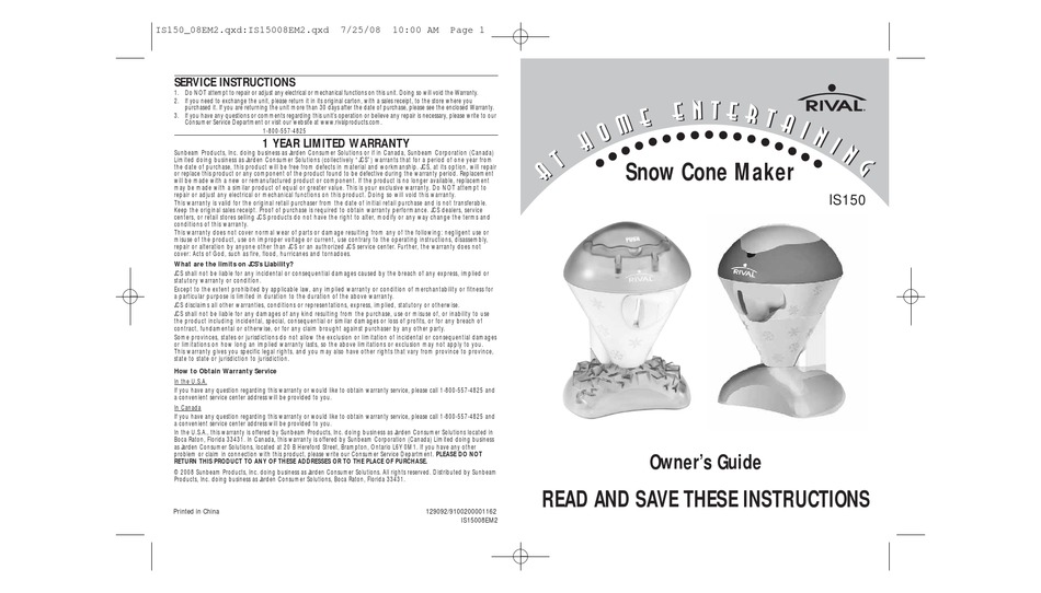 rival is450 ice shaver manual