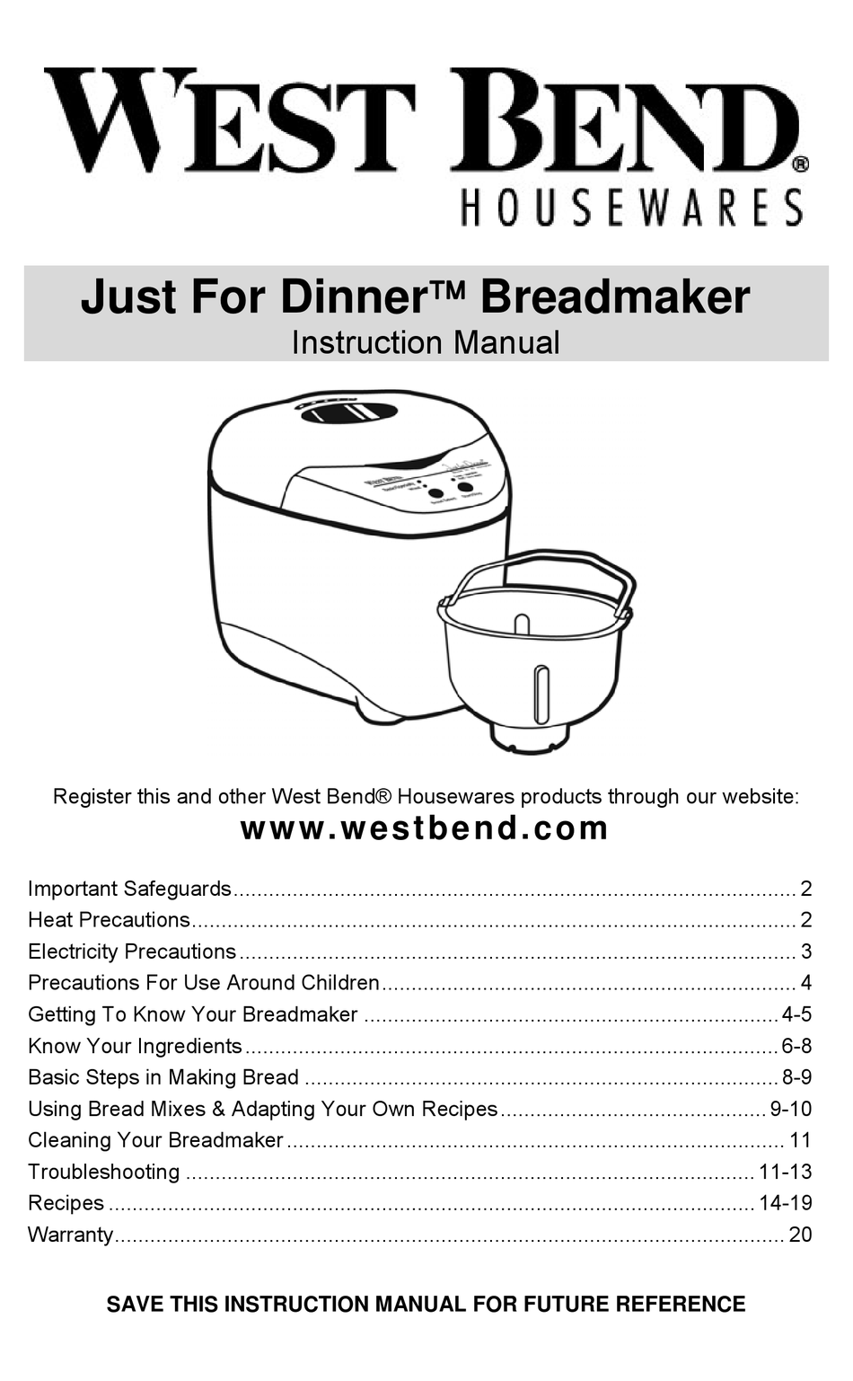 WEST BEND JUST FOR DINNER BREADMAKER INSTRUCTION MANUAL Pdf Download