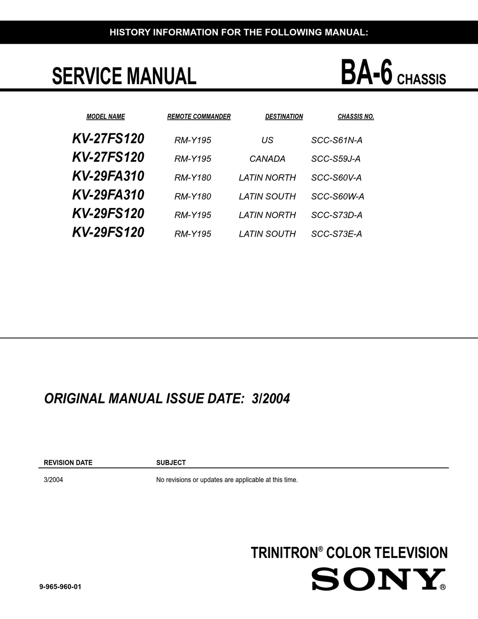 Sony Trinitron Kv 27fs120 Service Manual Pdf Download Manualslib