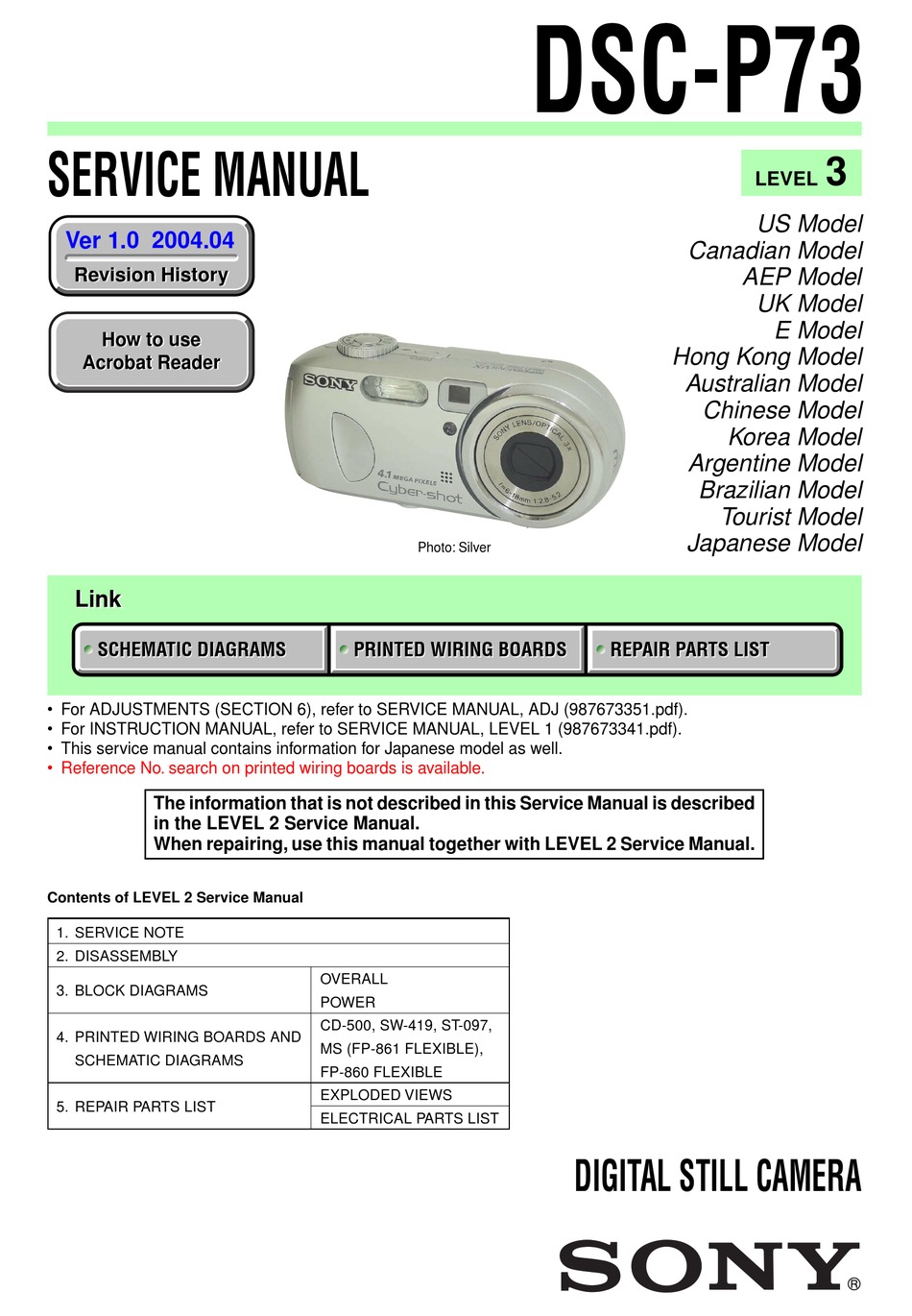 SONY CYBER-SHOT DSC-P73 SERVICE MANUAL Pdf Download | ManualsLib