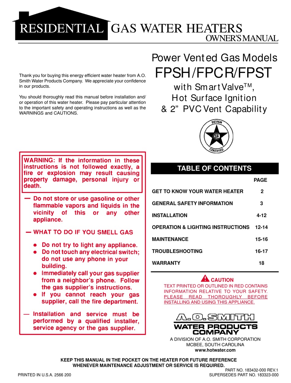 A O Smith Fpsh Owner S Manual Pdf Download Manualslib