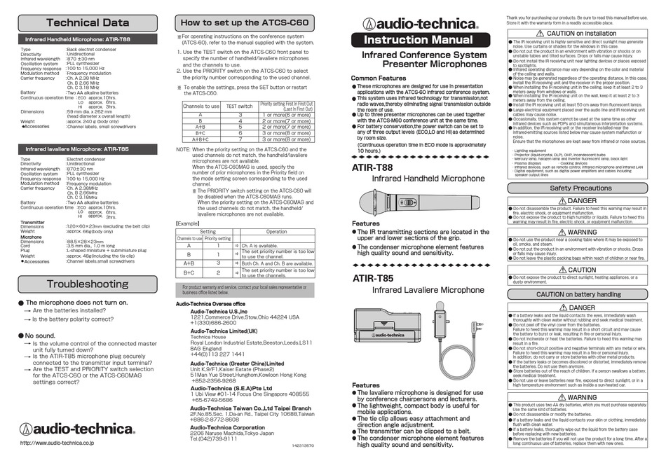 AUDIO TECHNICA ATIR-T88 INSTRUCTION MANUAL Pdf Download | ManualsLib