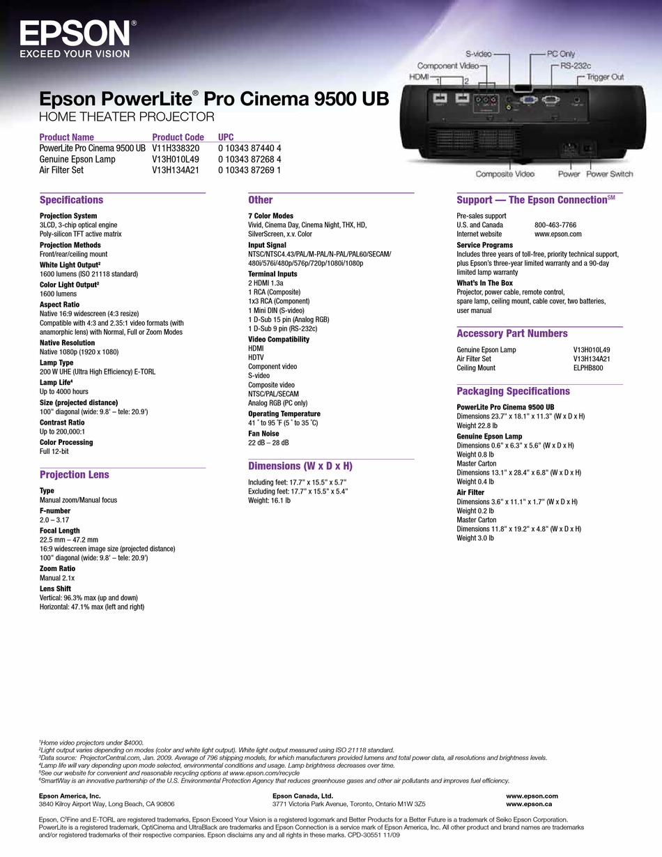 Epson Powerlite Pro Cinema 9500 Ub Specifications Pdf Download Manualslib 5881