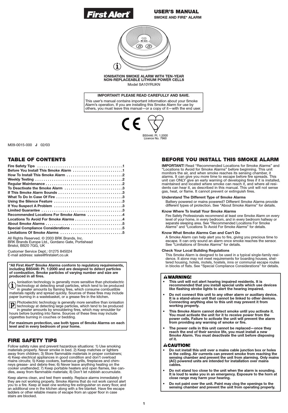 FIRST ALERT SA10YRUKN USER MANUAL Pdf Download ManualsLib