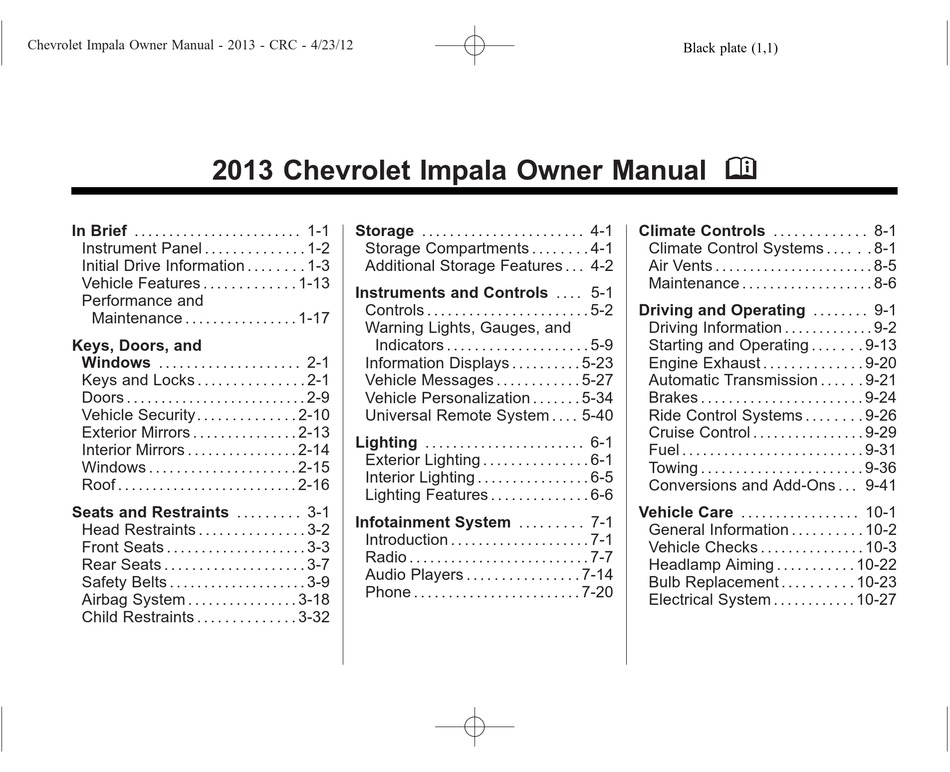 Chevrolet 2013 Impala Owner S Manual Pdf Download Manualslib