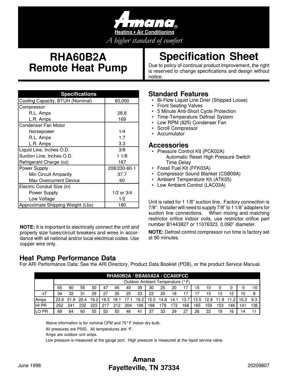 AMANA RHA60B2A SPECIFICATION SHEET Pdf Download | ManualsLib