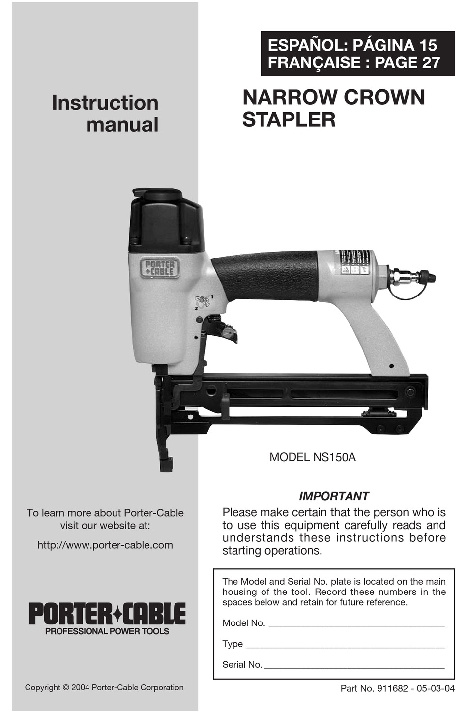 Porter Cable Ns150a Instruction Manual Pdf Download Manualslib