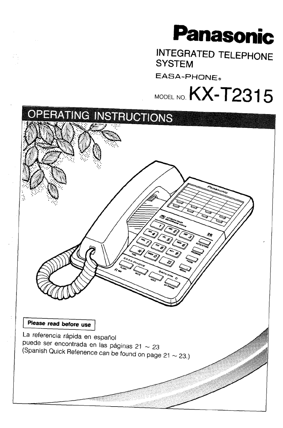PANASONIC EASA-PHONE KX-T2315 OPERATING INSTRUCTIONS MANUAL Pdf