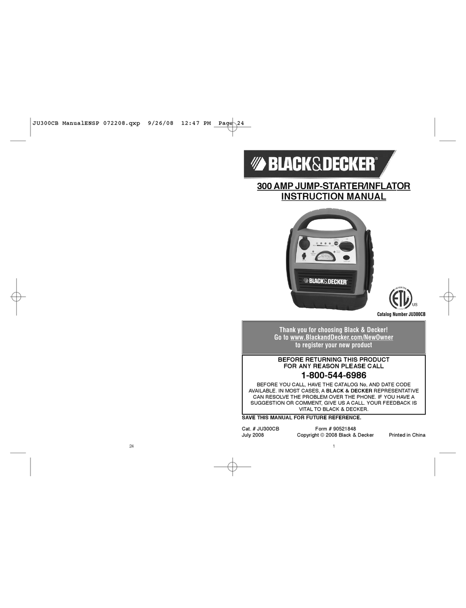 BLACK & DECKER 300 AMP JUMPSTARTER/INFLATOR INSTRUCTION MANUAL Pdf