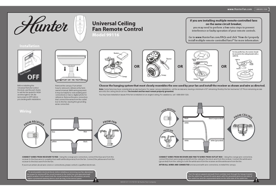Hunter 99116 Quick Manual Pdf, How To Wiring Hunter Ceiling Fan With Remote