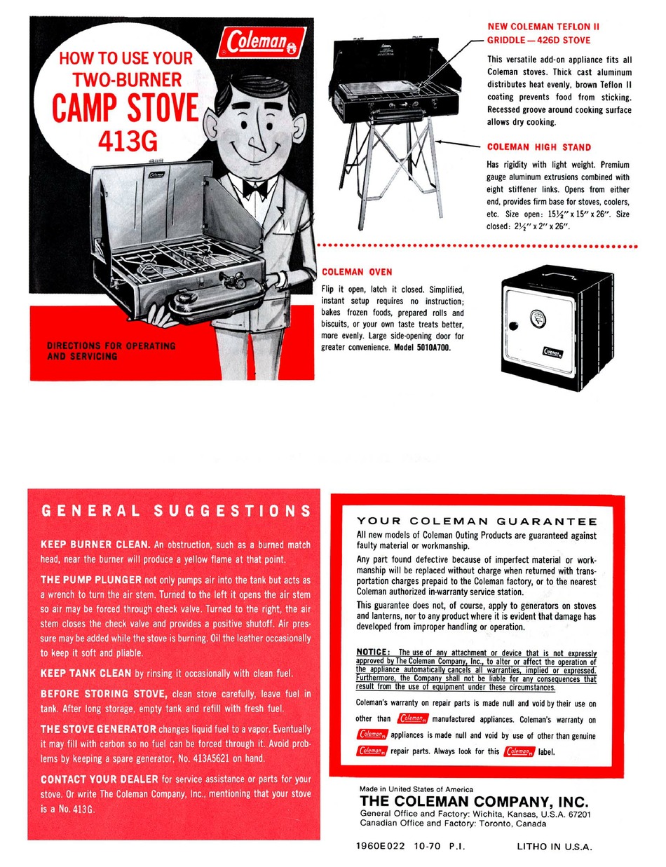 COLEMAN CAMP STOVE 413G DIRECTIONS FOR OPERATING AND SERVISING Pdf