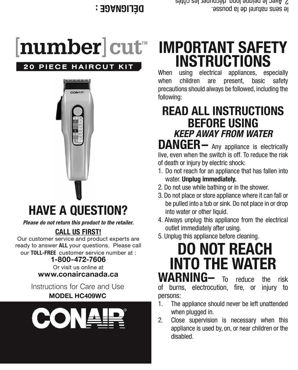 CONAIR 20 PIECE HC409WC INSTRUCTIONS FOR CARE AND USE Pdf Download