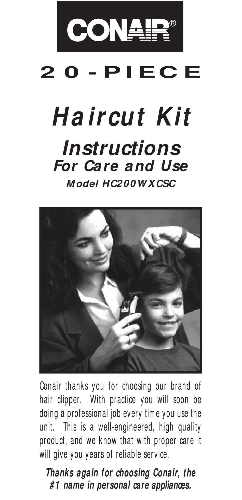 CONAIR 20-PIECE HC200WXCSC INSTRUCTIONS FOR CARE AND USE Pdf Download