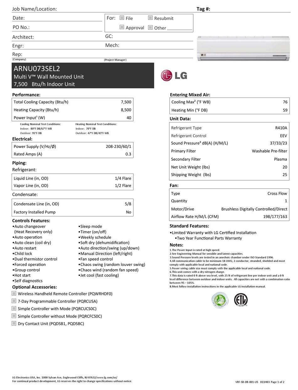 LG ARNU073SEL2 SPECIFICATIONS Pdf Download ManualsLib