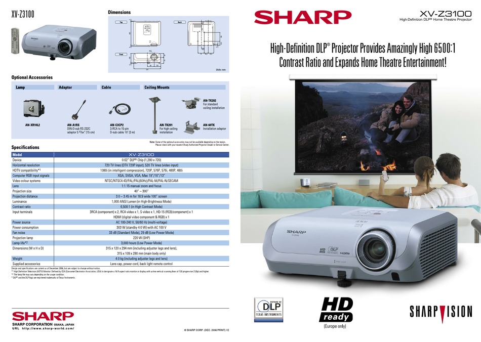 SHARP XV-Z3100 SPECIFICATIONS Pdf Download | ManualsLib