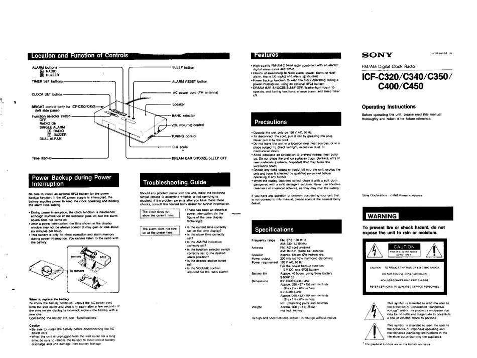 SONY ICF-C320 OPERATING INSTRUCTIONS Pdf Download