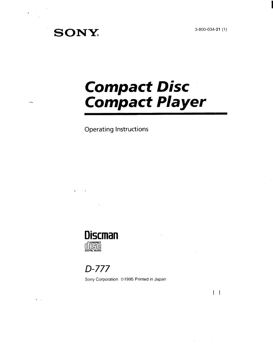 SONY DISCMAN D-777 OPERATING INSTRUCTIONS MANUAL Pdf Download