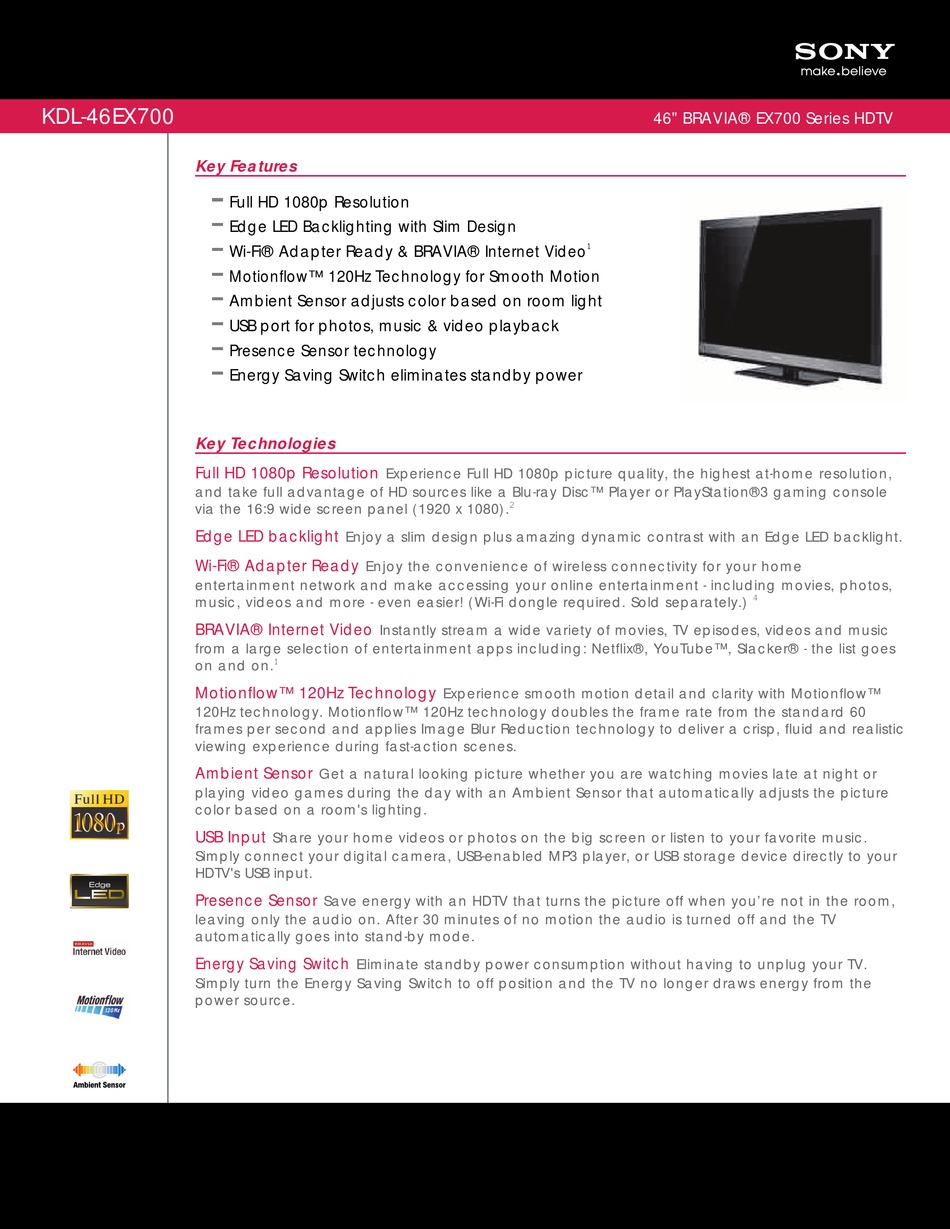 SONY BRAVIA KDL-46EX700 FEATURES & SPECIFICATIONS Pdf Download | ManualsLib