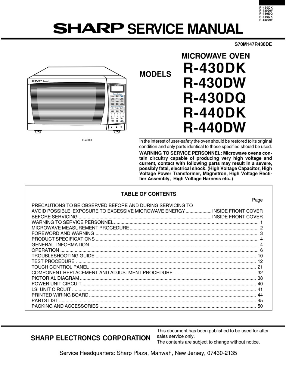 SHARP R-430DK SERVICE MANUAL Pdf Download | ManualsLib