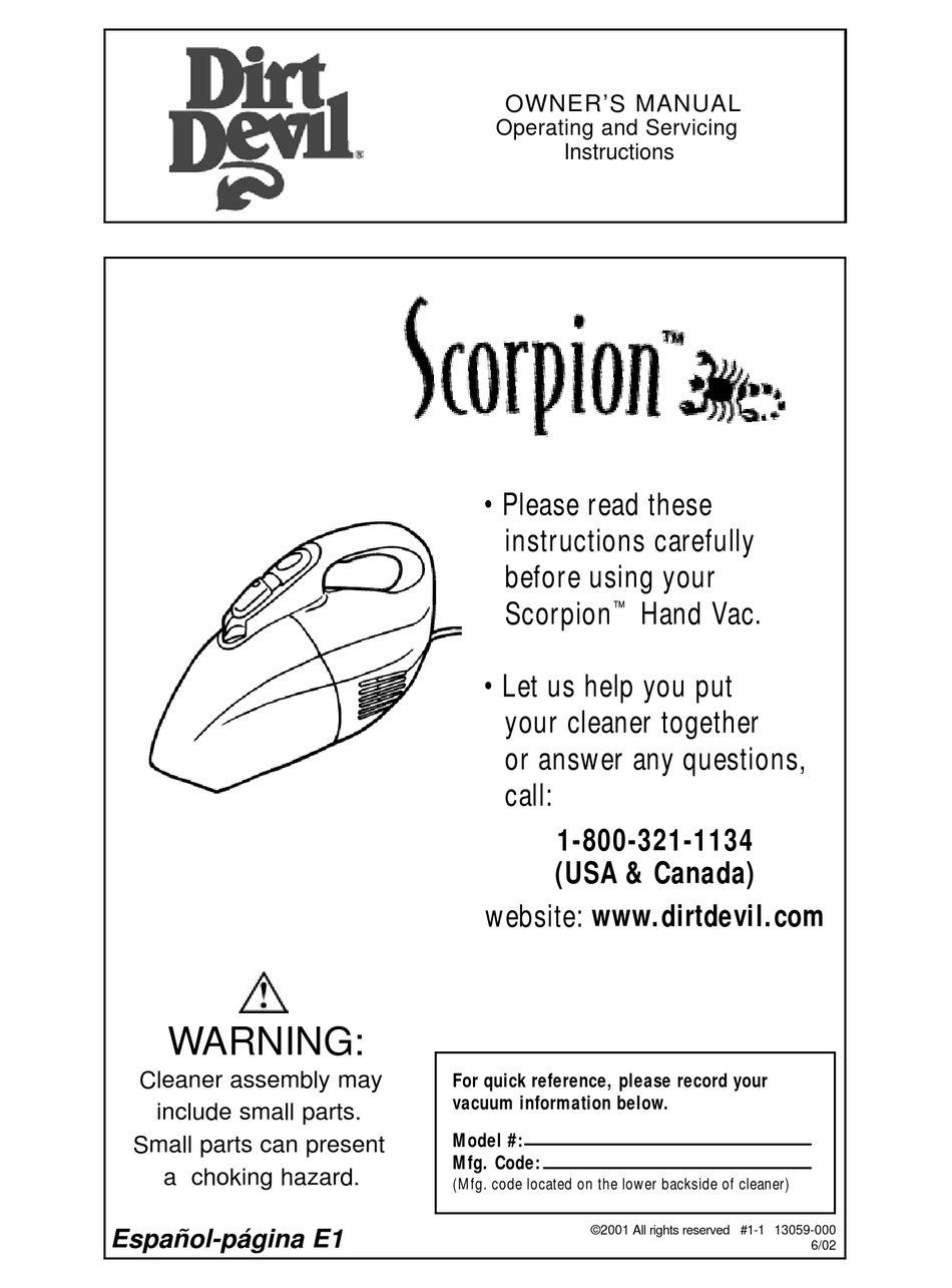 DIRT DEVIL SCORPION OWNER'S MANUAL Pdf 