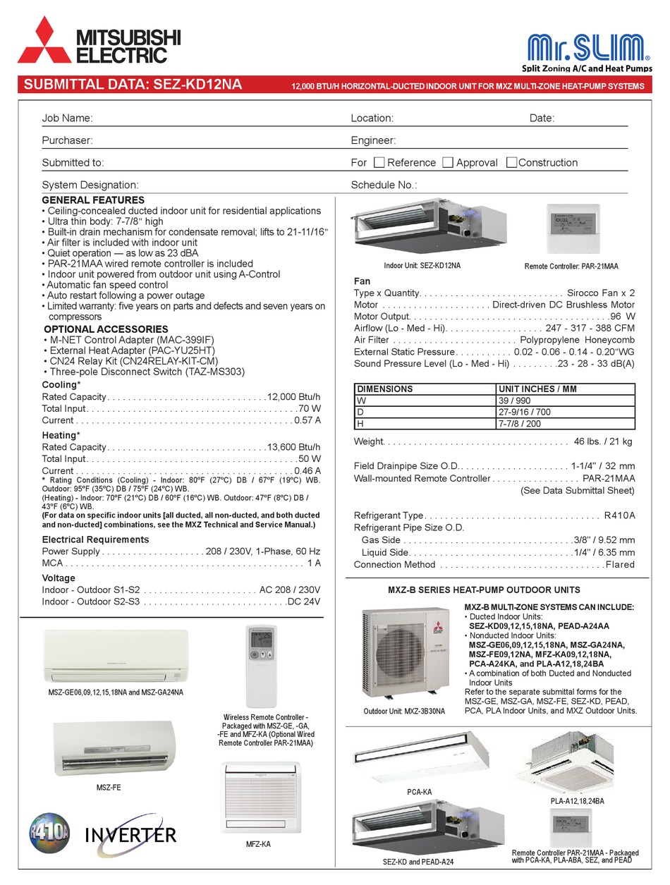 mitsubishi sez kd btu horizontal ducted air handler