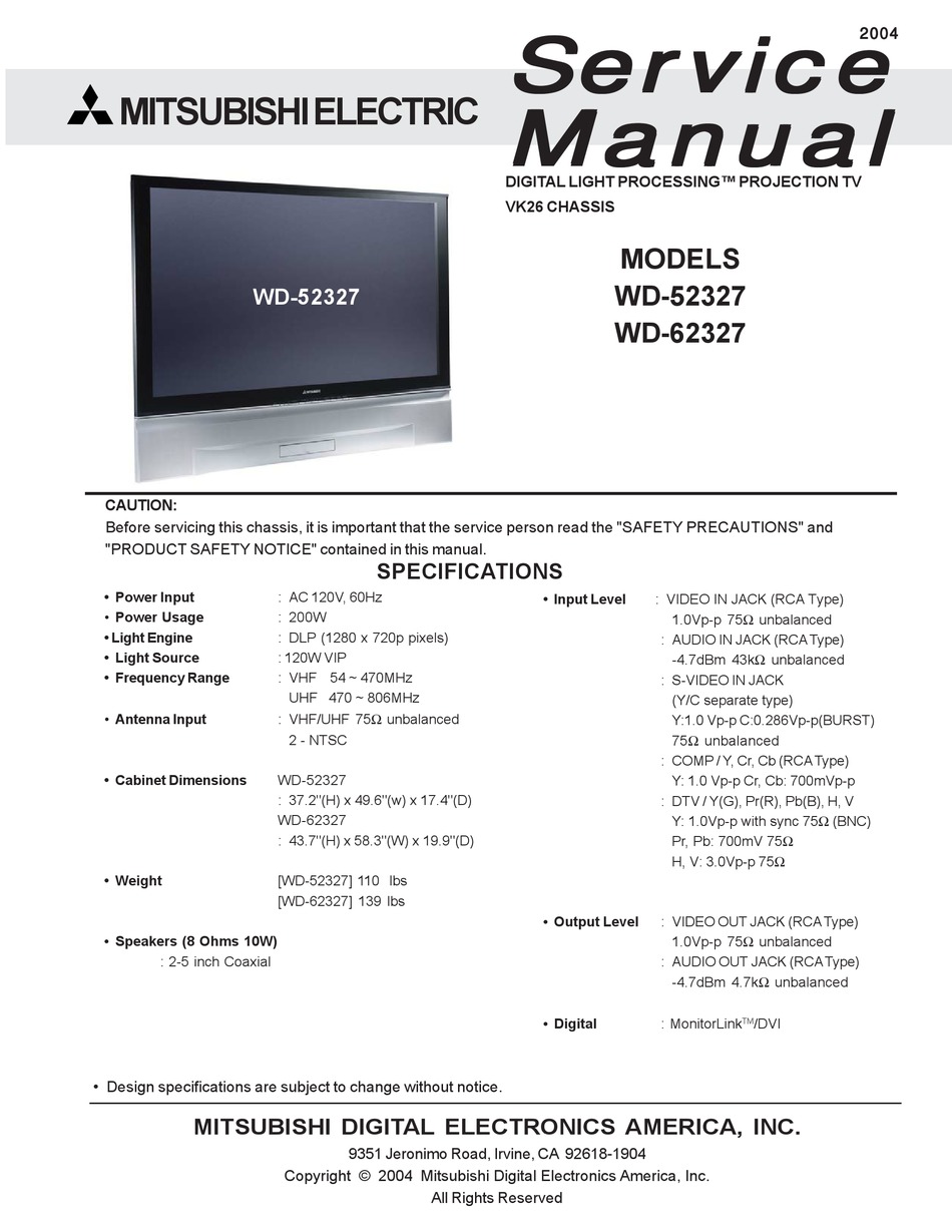 Mitsubishi Electric Wd 52327 Service Manual Pdf Download Manualslib