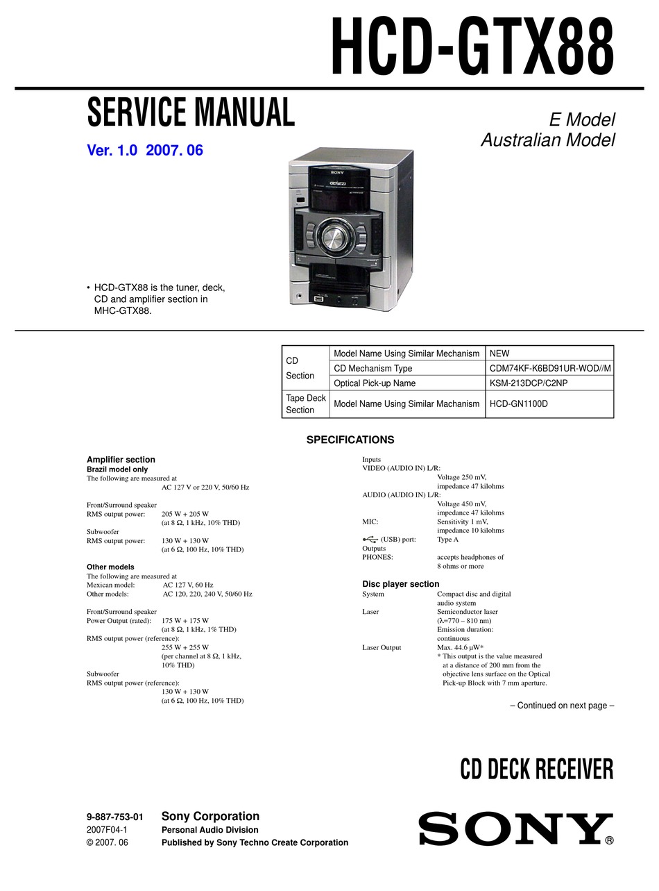 SONY HCD-GTX88 SERVICE MANUAL Pdf Download | ManualsLib