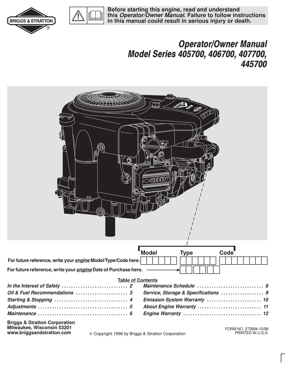 BRIGGS & STRATTON 405700 OPERATOR