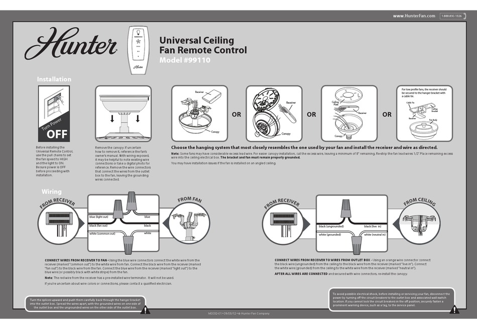 Hunter 99110 Installation And Operating, Hunter Ceiling Fan Remote Instructions