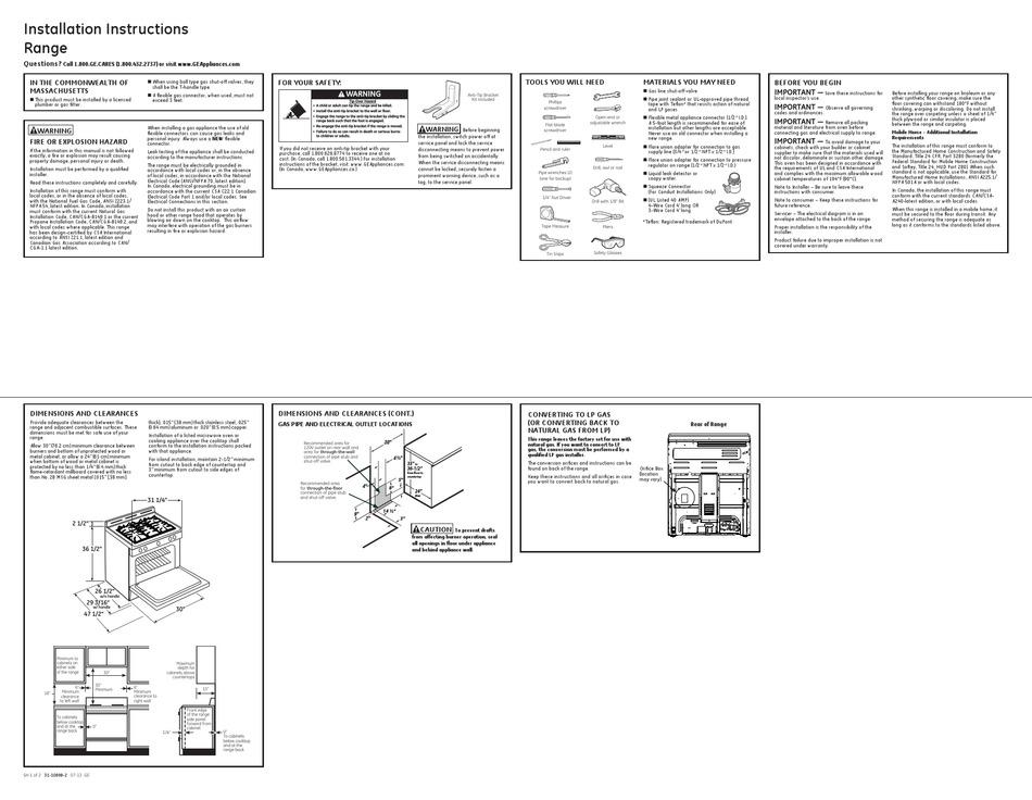 GE RANGE INSTALLATION INSTRUCTIONS Pdf Download | ManualsLib