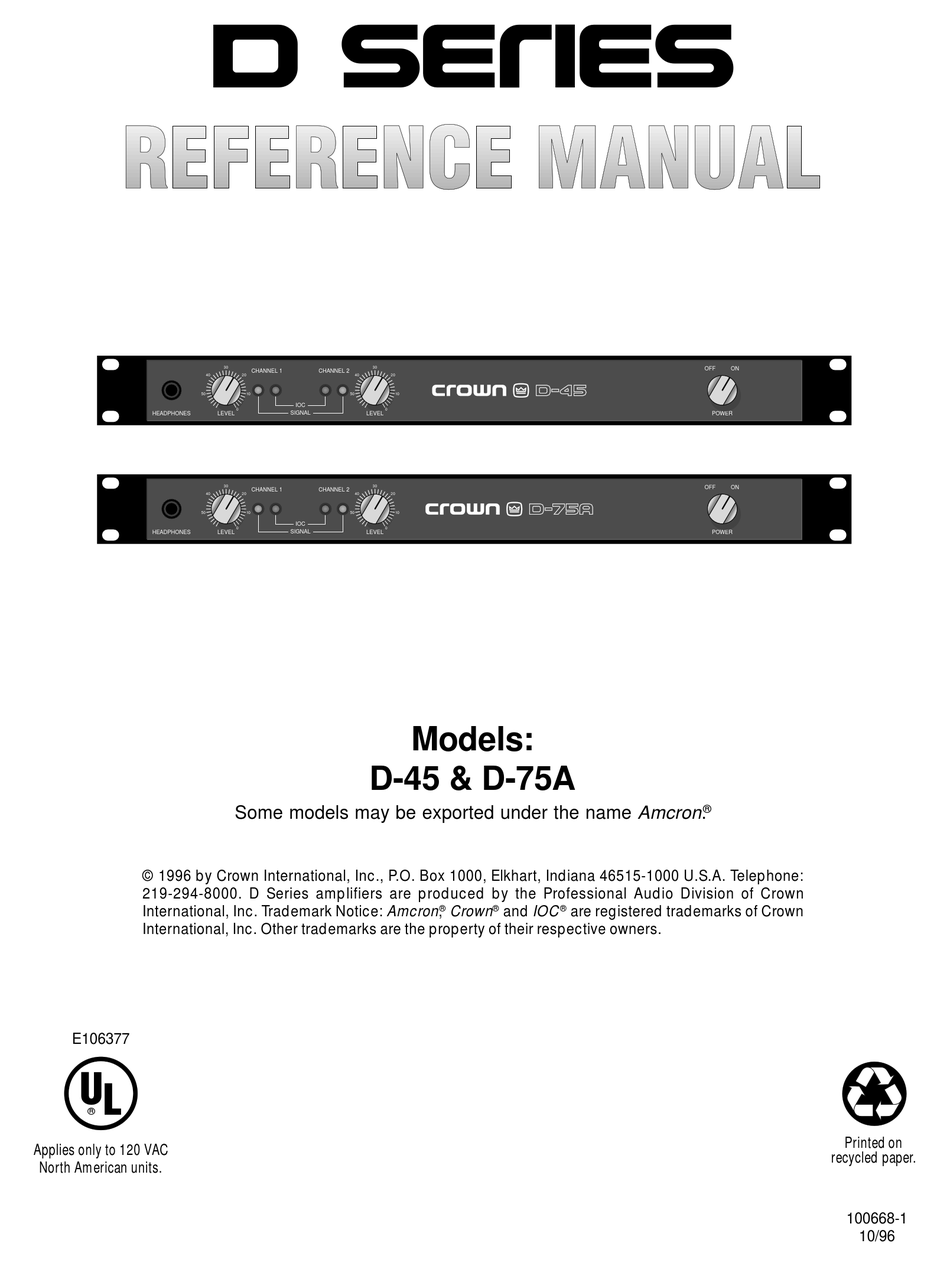 CROWN D-45 REFERENCE MANUAL Pdf Download | ManualsLib