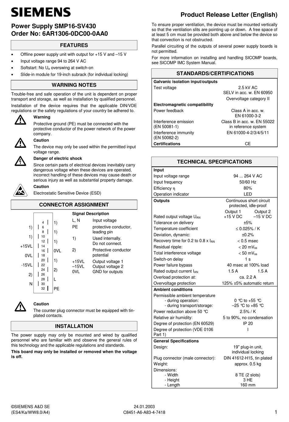 SIEMENS SMP16-SV430 TECHNICAL SPECIFICATIONS Pdf Download | ManualsLib