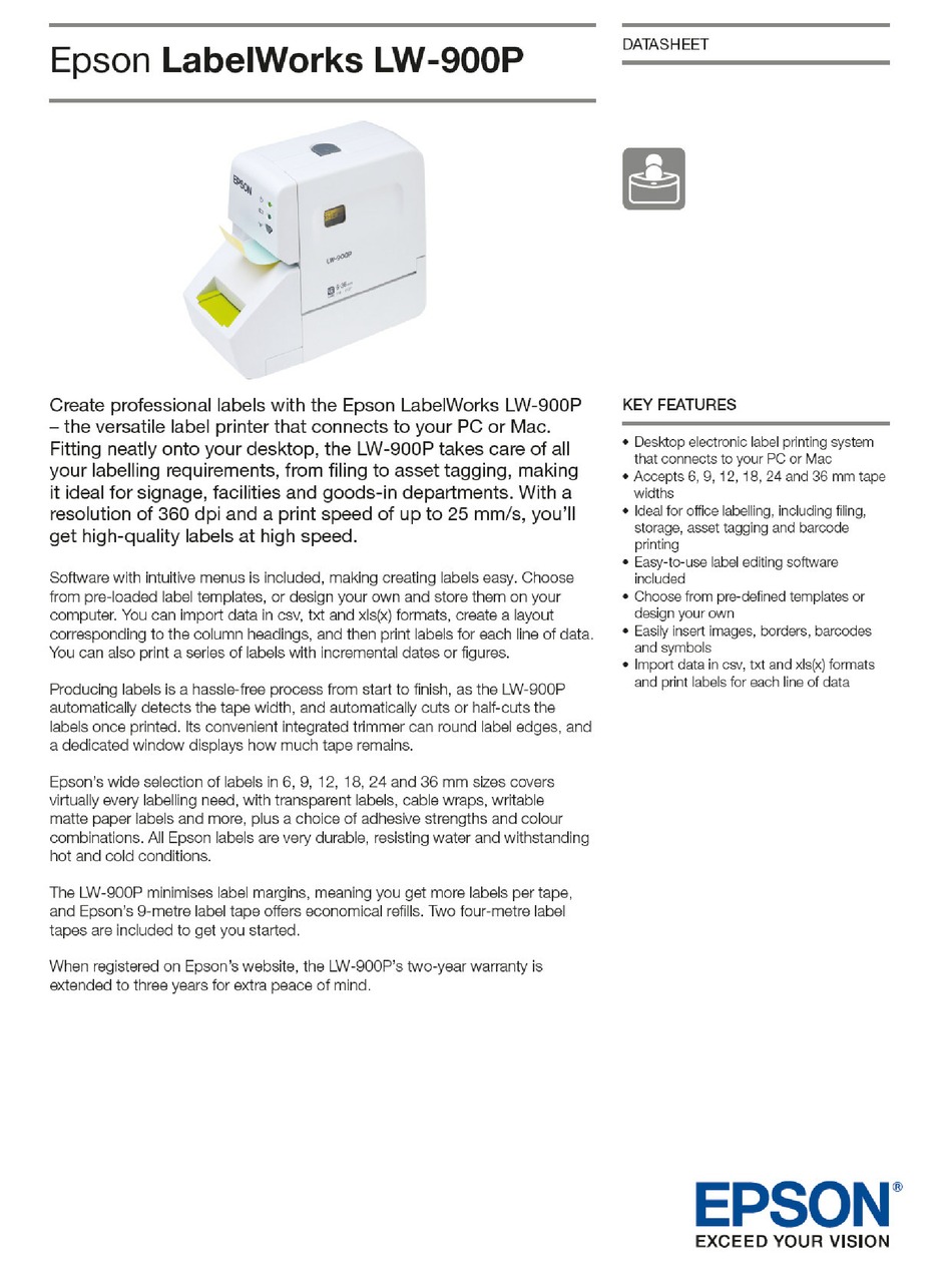 EPSON LABELWORKS LW900P DATASHEET Pdf Download ManualsLib