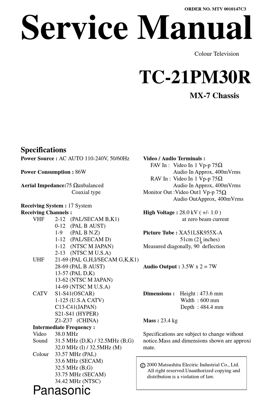 PANASONIC TC-21PM30R SERVICE MANUAL Pdf Download | ManualsLib