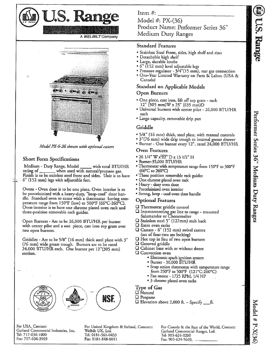 U.S. RANGE PX36 SPECIFICATION Pdf Download ManualsLib
